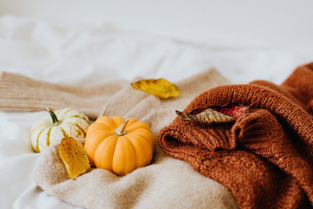 Décoration d'automne avec citrouilles et textiles chaleureux dans un salon